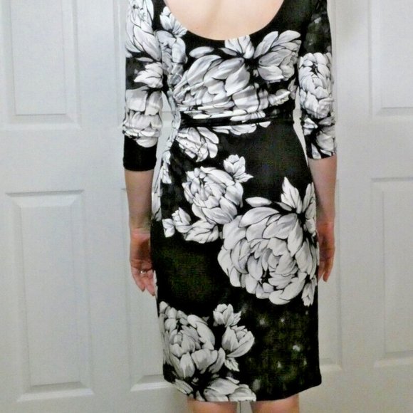 Dress Black White Floral Sheath Career Office Cocktail Party Date Night Size 2 - Picture 3 of 11
